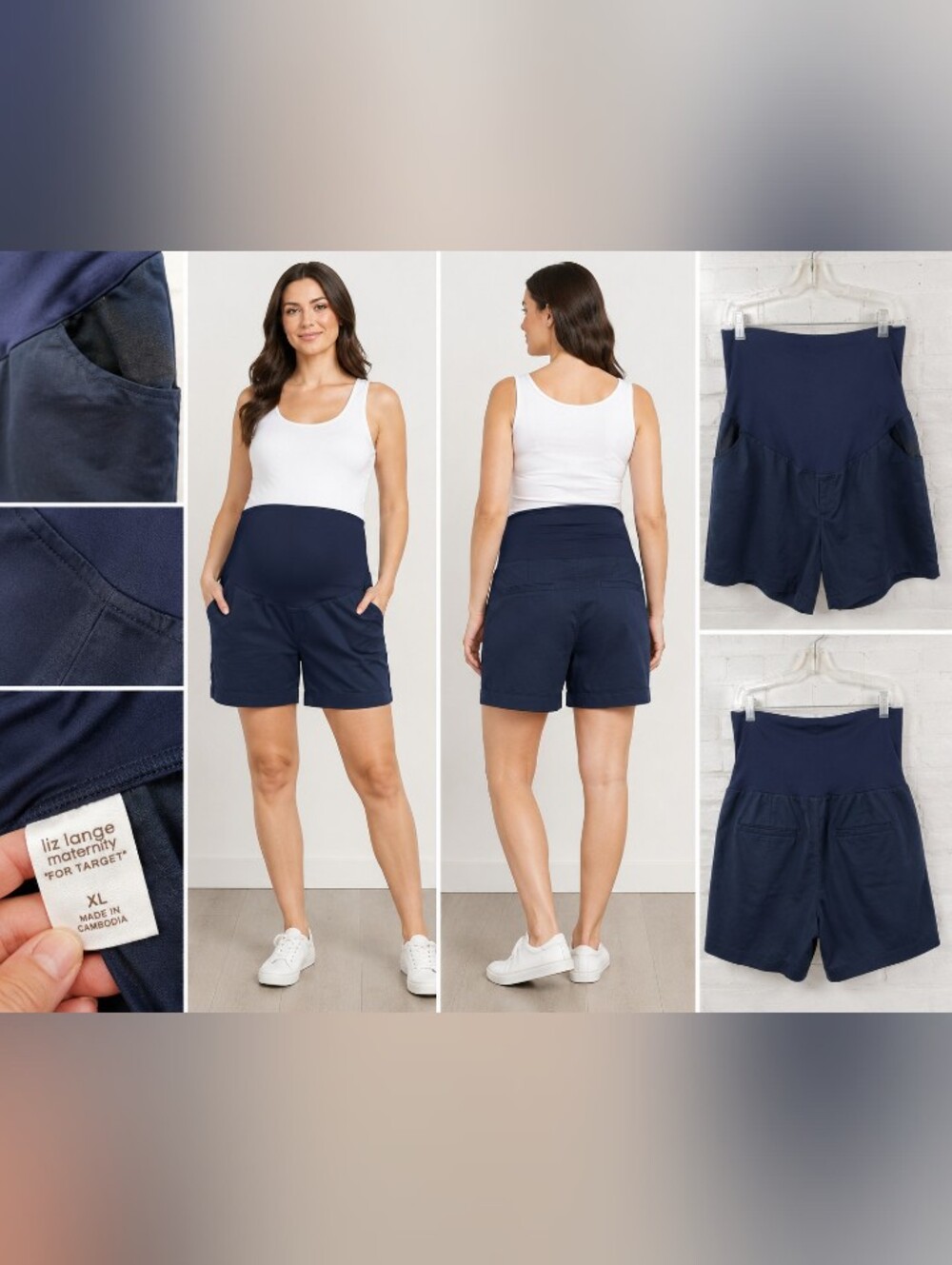Liz Lange Maternity XL Navy Blue Over Belly Pull-On Shorts Pockets NWOT